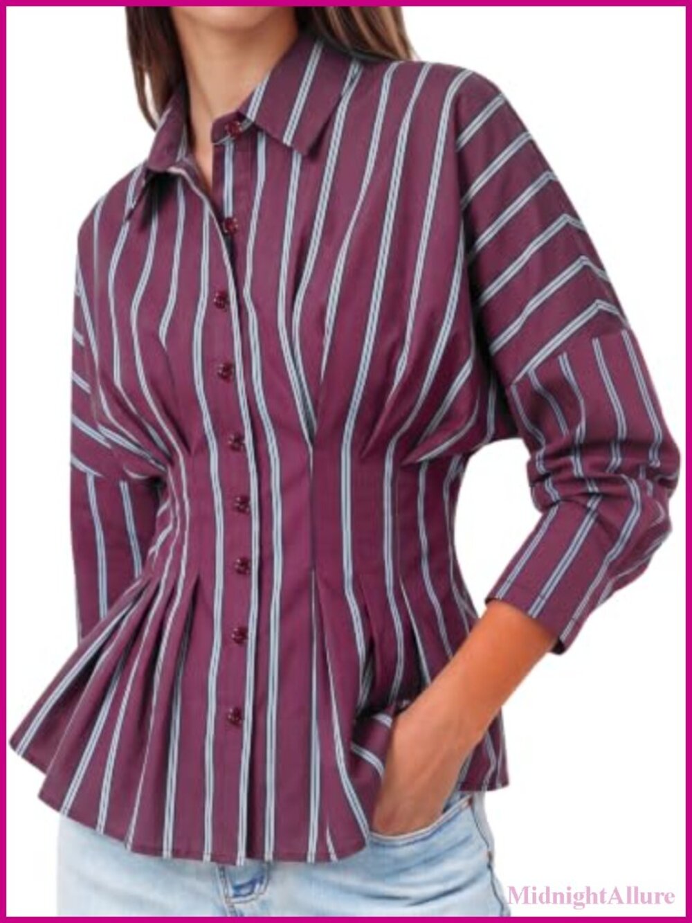 Striped Button Down Shirt Cinched Waist Office Blouse Polyester